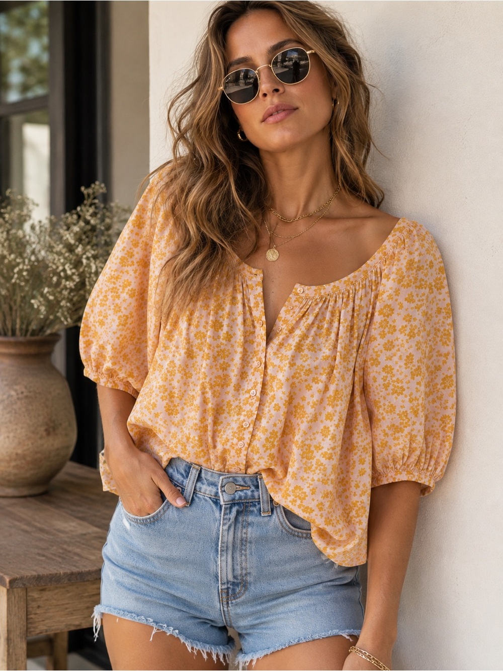 Sundry Floral Cotton Peasant Blouse | Puff Sleeve Size 1 (Small)